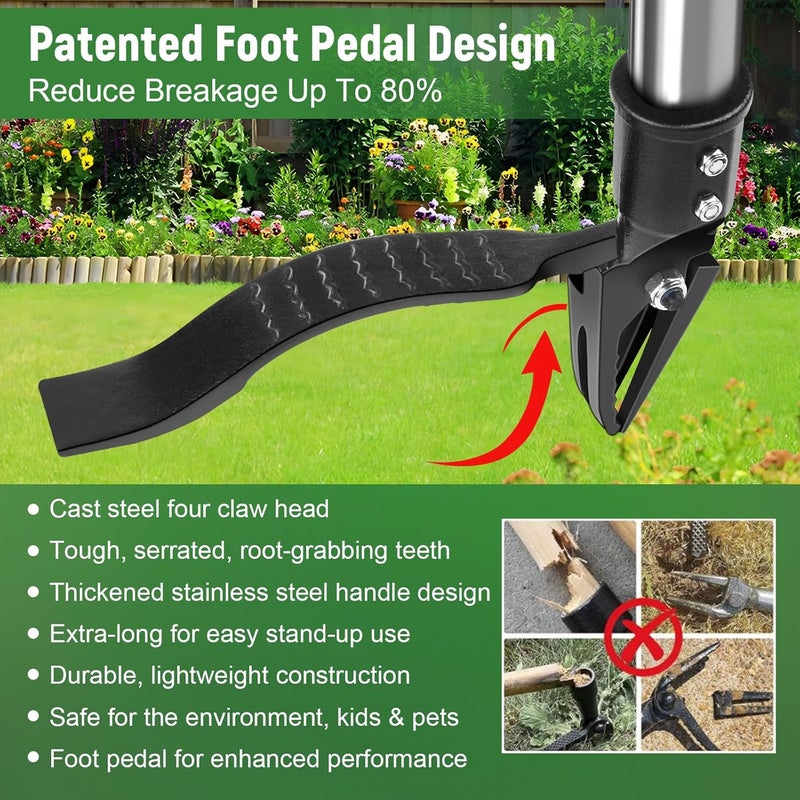 GOXAWEE Weed Puller Tool, 4-Claw Stand Up Weeder with Adjustable 46” Handle for Remove Weeds Without Bending, Pulling or Kneeling - Image 3